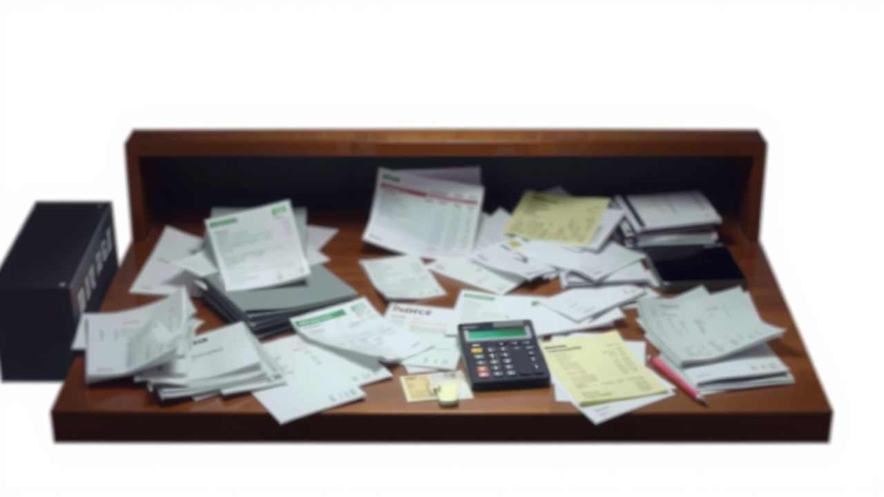 Een rommelig bureau met verspreide rekeningen en bonnetjes.