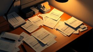 Een rommelig bureau met belastingformulieren en bonnetjes.
