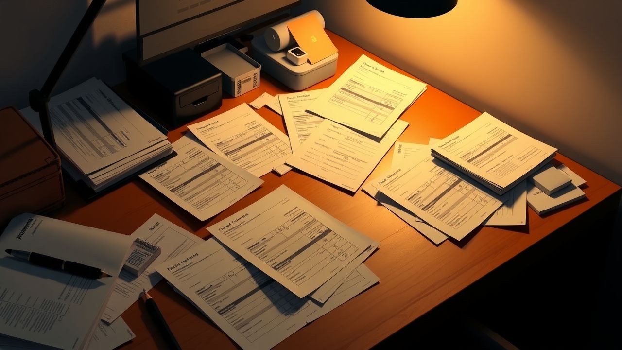 Een rommelig bureau met belastingformulieren en bonnetjes.