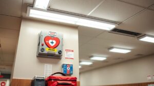 Een illustratie van een AED en Eerste Hulp benodigdheden in publieke ruimte.