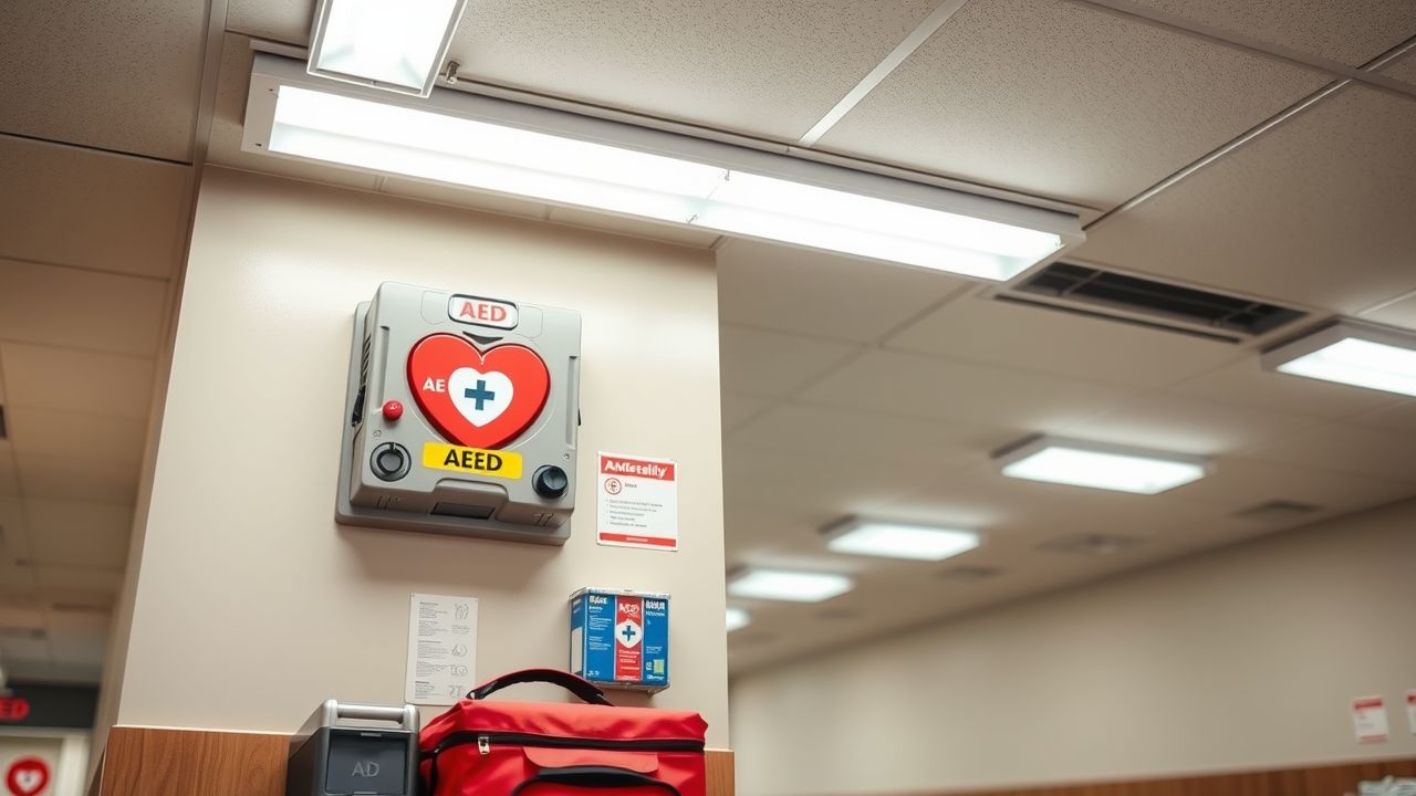 Een illustratie van een AED en Eerste Hulp benodigdheden in publieke ruimte.