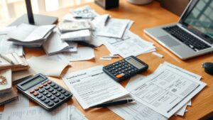 Een rommelig bureau met belastingformulieren, laptop en rekenmachine.