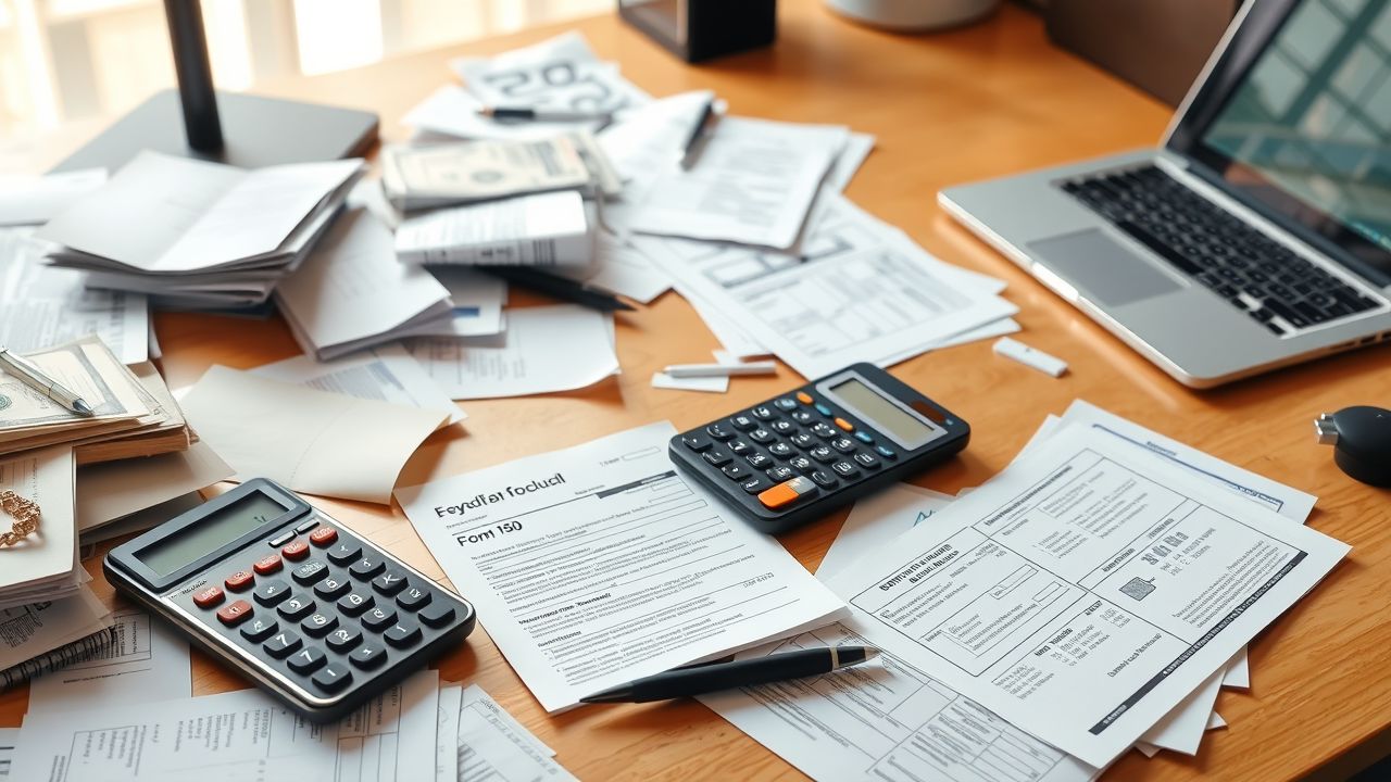 Een rommelig bureau met belastingformulieren, laptop en rekenmachine.