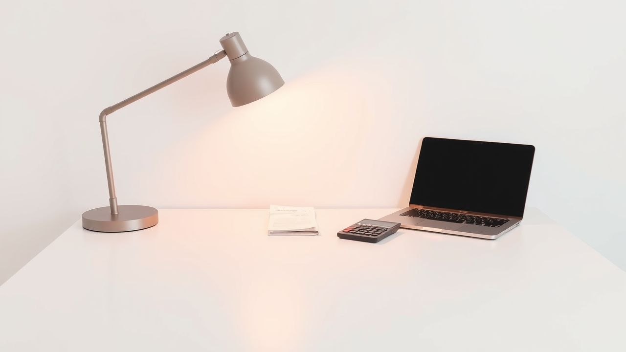 Een leeg bureau met laptop, rekenmachine en bonnetjes.