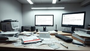 Een rommelig kantoor met frustratie en verwarring.