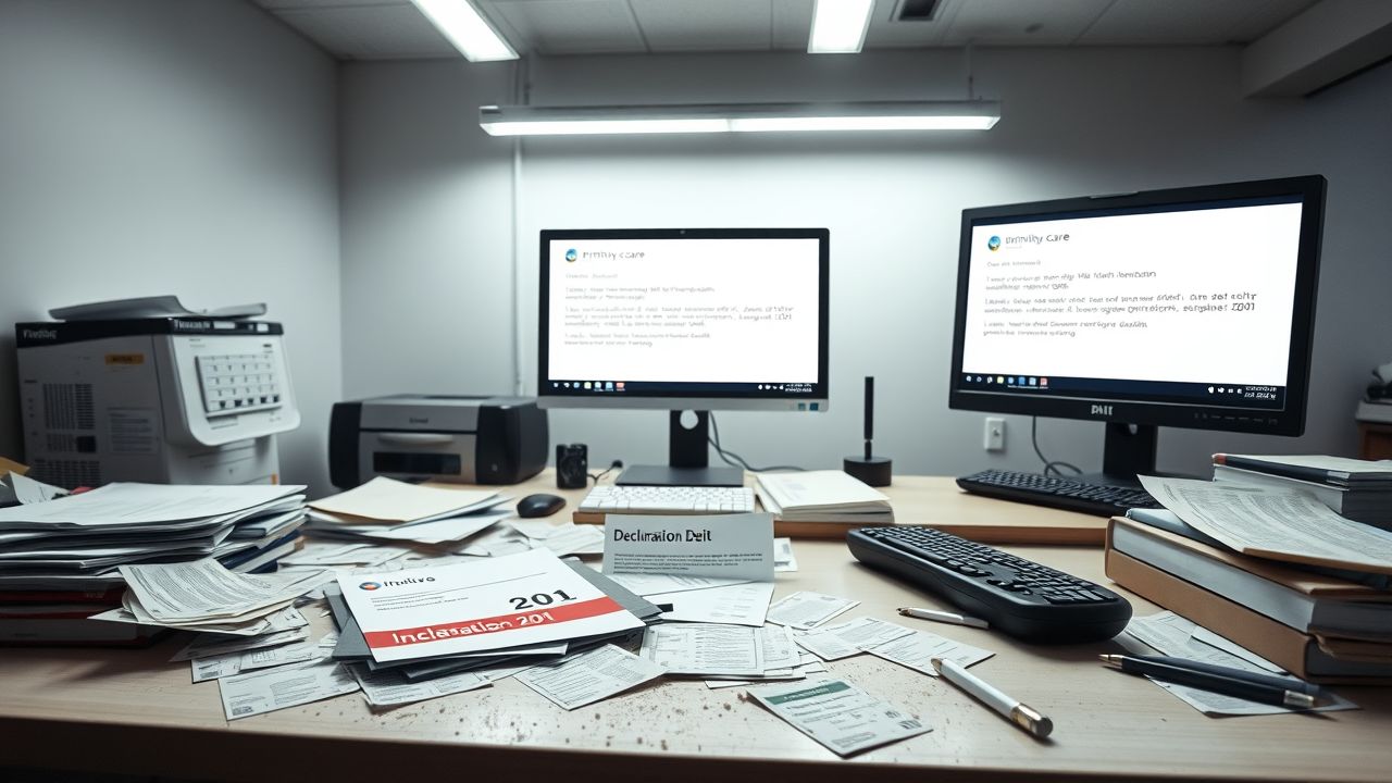 Een rommelig kantoor met frustratie en verwarring.