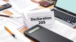 Een georganiseerde werkplek met papierwerk, een laptop en een rekenmachine.