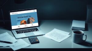 Een opgeruimd bureau met een open laptop, papieren en koffie.