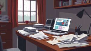 Een rommelig bureau met papieren en een laptop.