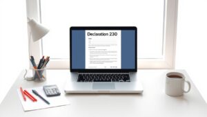 Een opgeruimd bureau met laptop en kantoorbenodigdheden met Declaration 230 formulier.