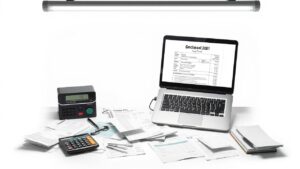 Een rommelig bureau met belastingformulieren en rekenmachine.