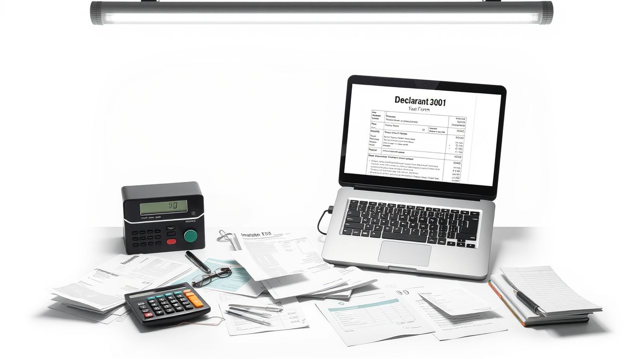 Een rommelig bureau met belastingformulieren en rekenmachine.