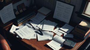 Een rommelig bureau met papieren, pennen en een rekenmachine.