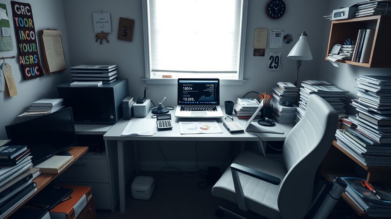 Een rommelig thuiskantoor met documenten, laptop en kantoorbenodigdheden.