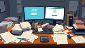 Een rommelig bureau in een donker kantoor met verspreide papieren en benodigdheden.