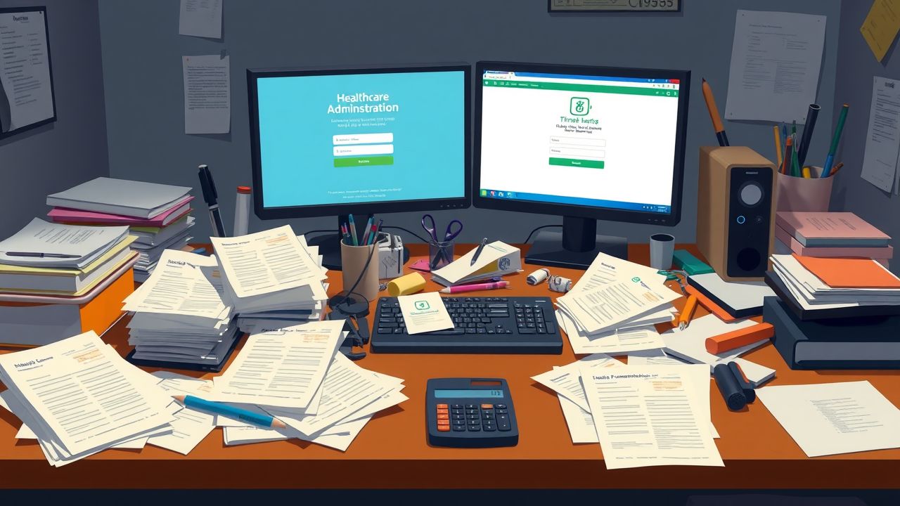 Een rommelig bureau in een donker kantoor met verspreide papieren en benodigdheden.