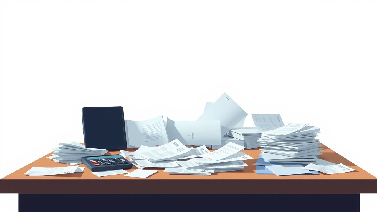 Een rommelig bureau met belastinggerelateerde papieren en rekenmachine.