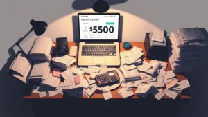 Een rommelig thuiskantoor met verspreide papieren en onbetaalde rekeningen.