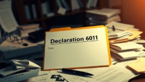 Een rommelig kantoor met open verklaringskostenmap en verspreide papieren.