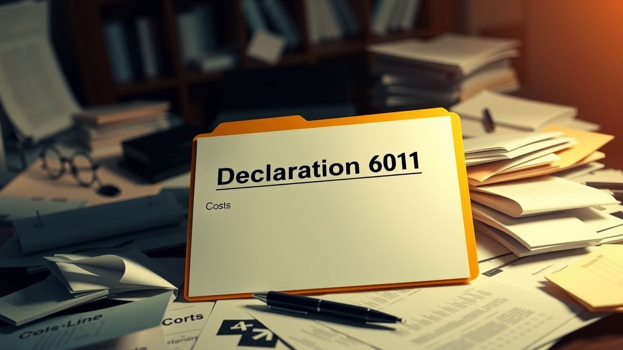 Een rommelig kantoor met open verklaringskostenmap en verspreide papieren.