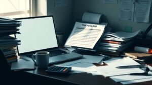 Een rommelig kantoorbureau met belastingformulieren en een open laptop.