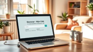 Een gezellig thuiskantoor met open laptop en koffie.