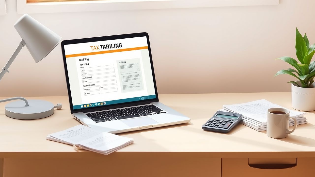 Een opgeruimd thuiskantoor met belastingaangiftesoftware op laptop.