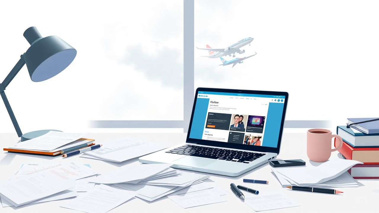 Een rommelig bureau, een laptop open op de KLM-website, en een vliegtuig dat opstijgt in de verte.